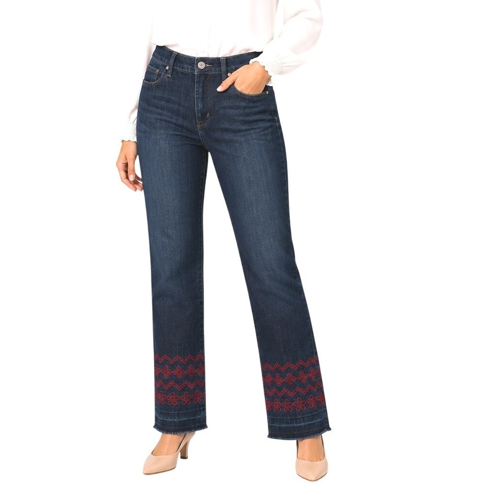 Laurie Felt Classic Stiletto Jeans Womens 10 Dark Blue Embroidered Drop Hem
